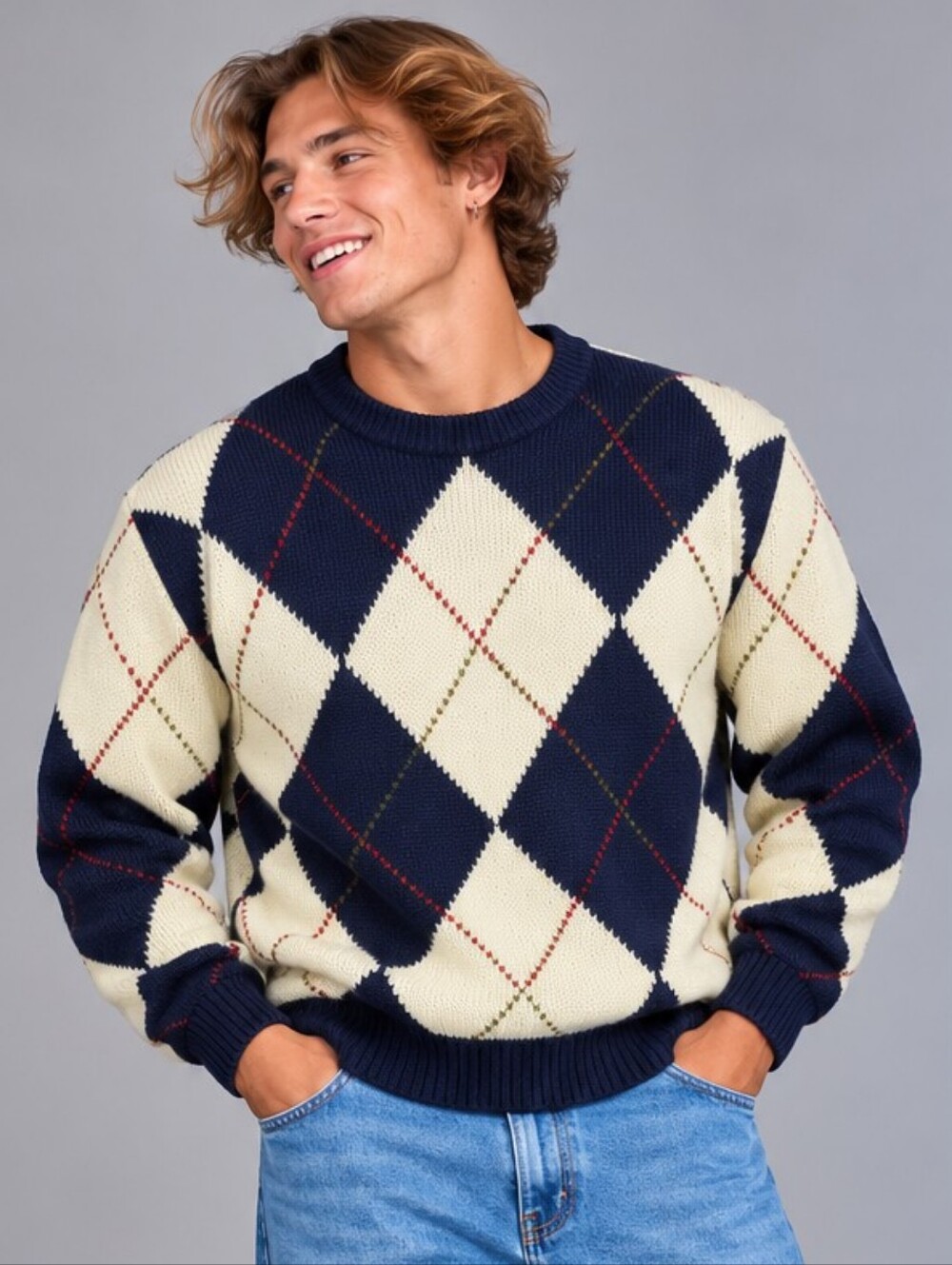 Embassy Row Mens Large 100% Wool Argyle Sweater Navy Cream Preppy Vintage